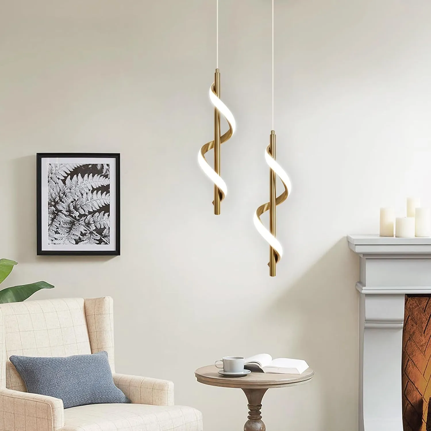 CANEOE Gold Pendant Light, Spiral Modern Led Pendant Lighting for Kitchen Island, 5500K Brushed Brass Ceiling Hanging Light Fixture for Dining Room Bedroom Sink Table Small Pendant Lights