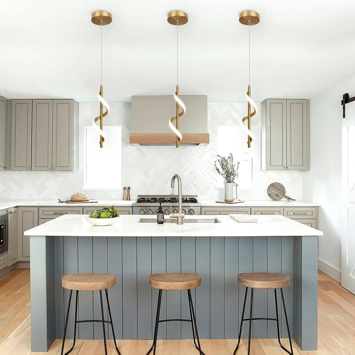CANEOE Gold Pendant Light, Spiral Modern Led Pendant Lighting for Kitchen Island, 5500K Brushed Brass Ceiling Hanging Light Fixture for Dining Room Bedroom Sink Table Small Pendant Lights