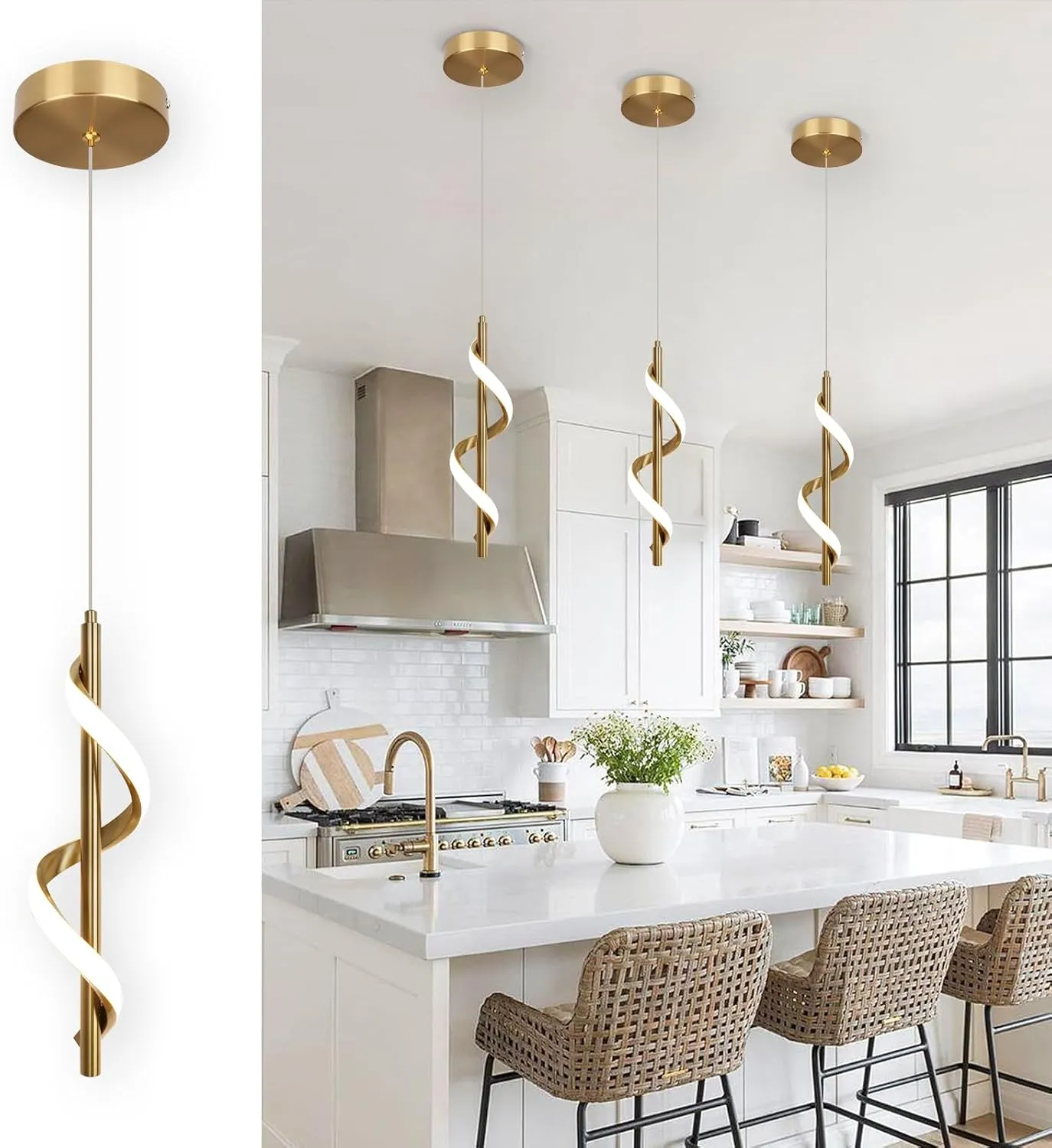 CANEOE Gold Pendant Light, Spiral Modern Led Pendant Lighting for Kitchen Island, 5500K Brushed Brass Ceiling Hanging Light Fixture for Dining Room Bedroom Sink Table Small Pendant Lights