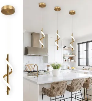 CANEOE Gold Pendant Light, Spiral Modern Led Pendant Lighting for Kitchen Island, 5500K Brushed Brass Ceiling Hanging Light Fixture for Dining Room Bedroom Sink Table Small Pendant Lights