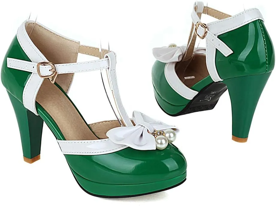 Caradise Womens T Strap Mary Jane Platform Heels Bow Heels Vintage Rockabilly Shoes