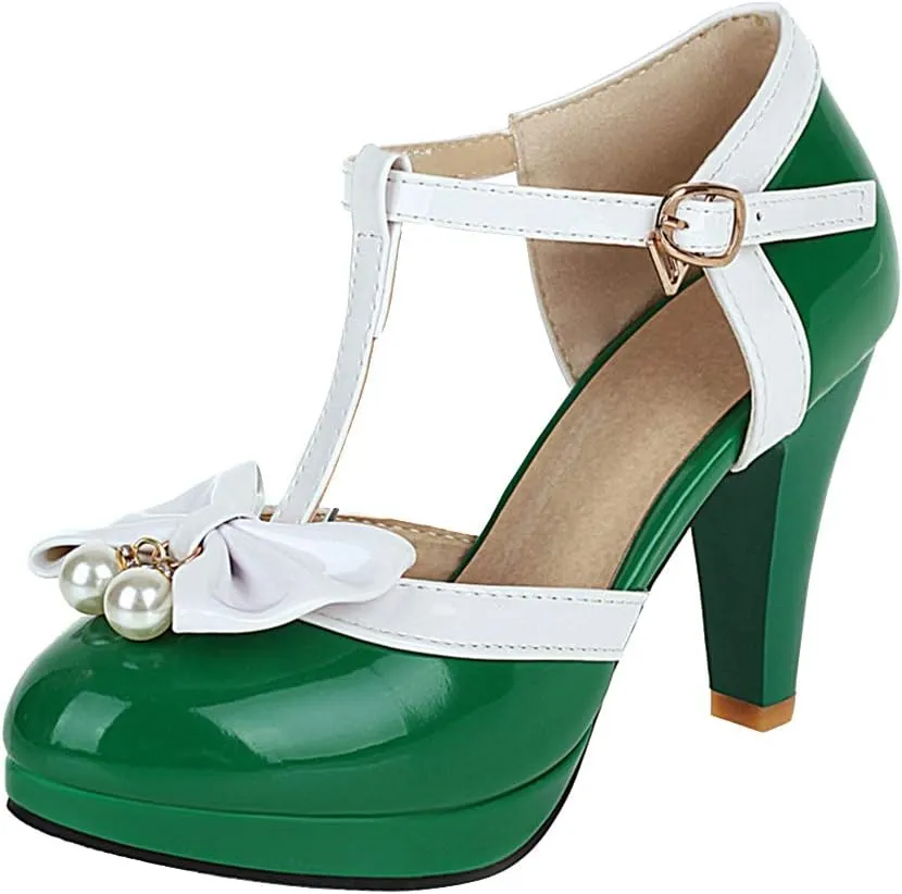 Caradise Womens T Strap Mary Jane Platform Heels Bow Heels Vintage Rockabilly Shoes
