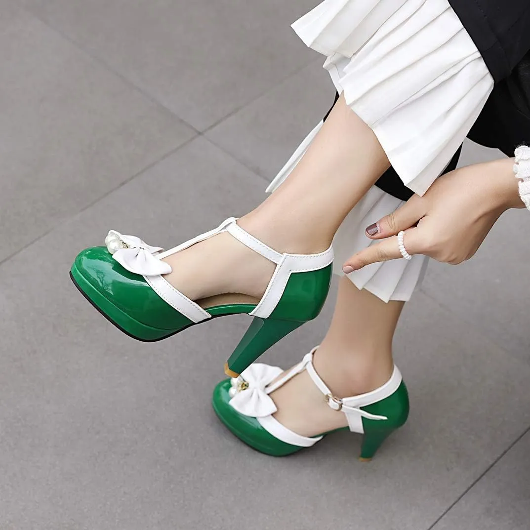 Caradise Womens T Strap Mary Jane Platform Heels Bow Heels Vintage Rockabilly Shoes