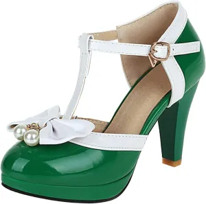 Caradise Womens T Strap Mary Jane Platform Heels Bow Heels Vintage Rockabilly Shoes