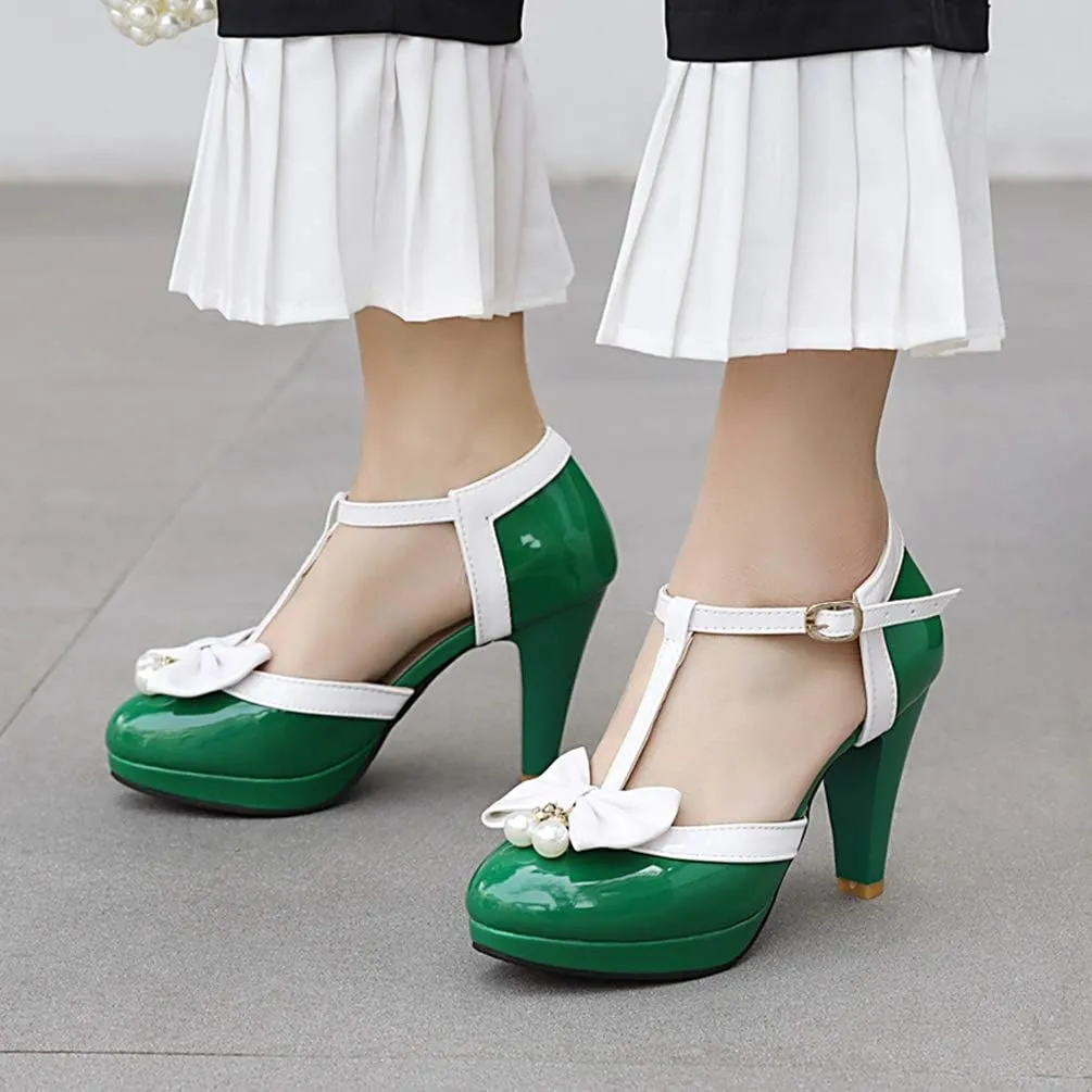 Caradise Womens T Strap Mary Jane Platform Heels Bow Heels Vintage Rockabilly Shoes