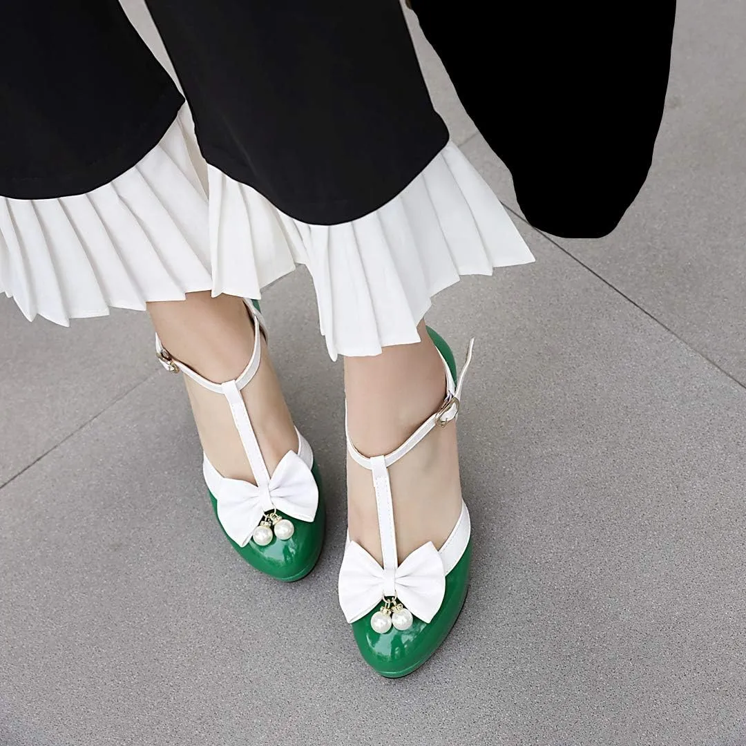 Caradise Womens T Strap Mary Jane Platform Heels Bow Heels Vintage Rockabilly Shoes