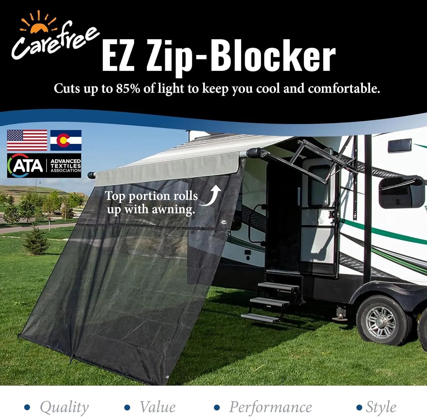 Carefree of Colorado Drop RV Awning EZ ZipBlocker - Black Mesh RV Awning Shade Screen, Canopy Sun Blocker, Camper Accessory for Front Patio (17' x 9')