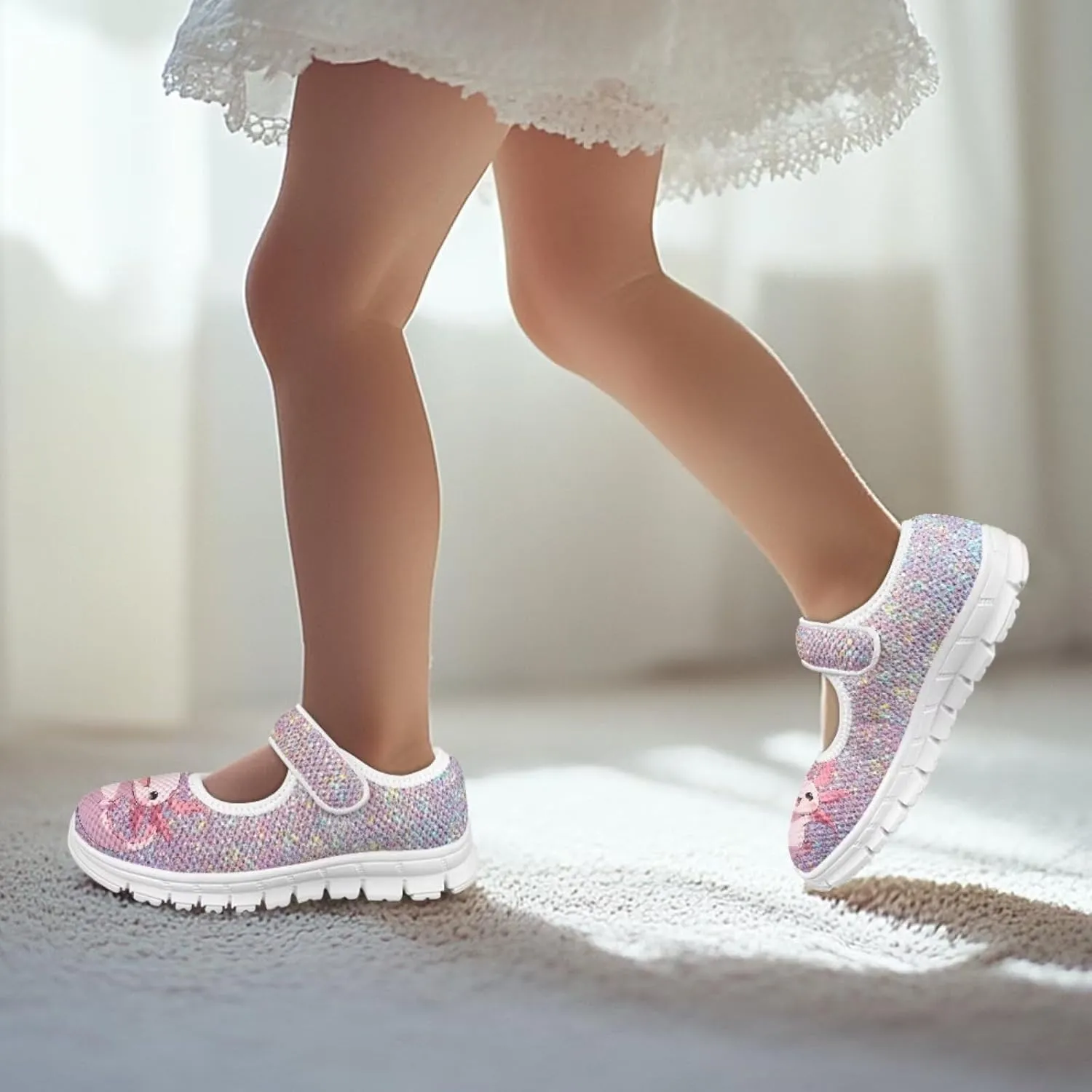 Cartoon Pink Print Girls Sneakers Mary Jane Shoes Dress Shoes for Toddler Lightweight Flat Shoes Anti-Slip School Uniform Shoes for Party,Travel