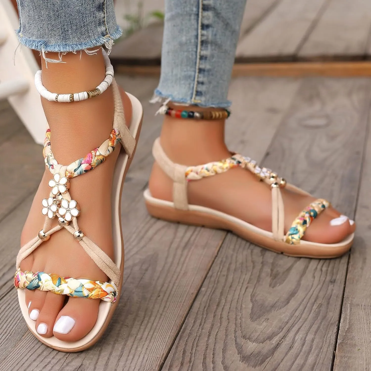 Casual Bohemian Beach Sandals Orthopedic Wedge Sandals for Women Ankle Strap Flip Flops Open Toe Jeweled Flat Sandals 2025