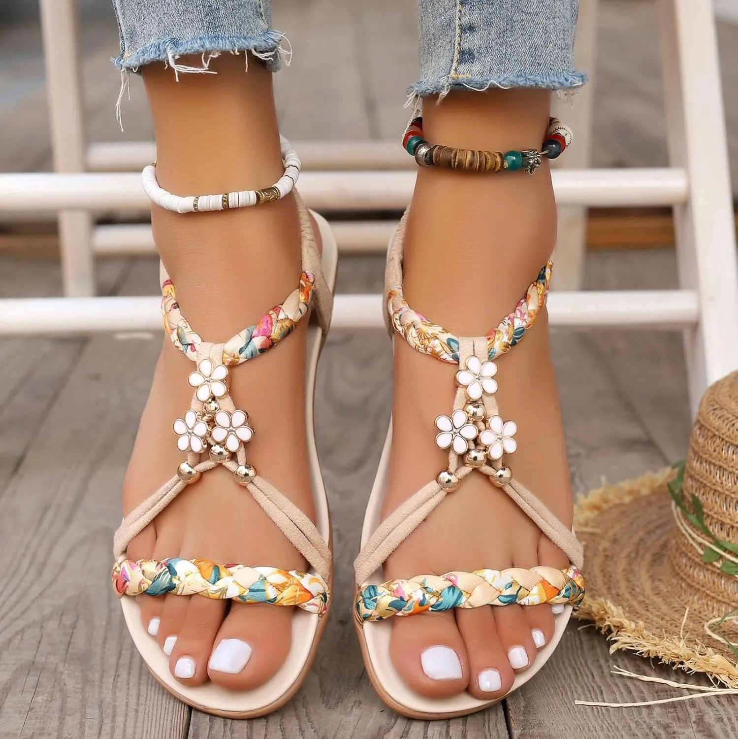 Casual Bohemian Beach Sandals Orthopedic Wedge Sandals for Women Ankle Strap Flip Flops Open Toe Jeweled Flat Sandals 2025