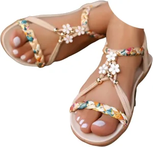 Casual Bohemian Beach Sandals Orthopedic Wedge Sandals for Women Ankle Strap Flip Flops Open Toe Jeweled Flat Sandals 2025