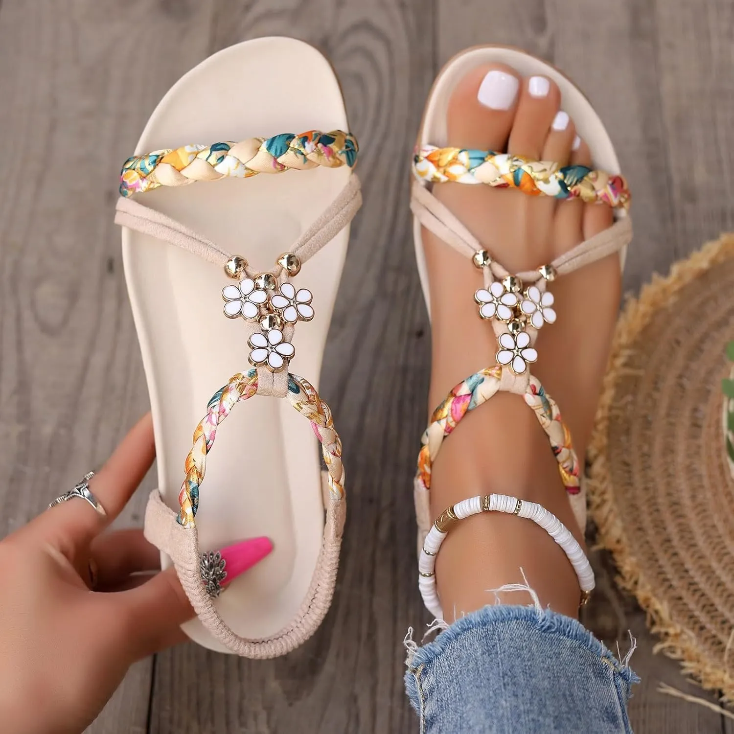 Casual Bohemian Beach Sandals Orthopedic Wedge Sandals for Women Ankle Strap Flip Flops Open Toe Jeweled Flat Sandals 2025