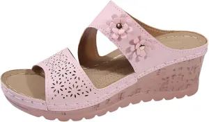 Casual Sandals for Women Comfortable Open Toe One Band Dressy Flats Sandals Summer Lightweight Ankle Strap Walking Shoes Fashion Hollow Out Slip On Chunky Heel Slippers