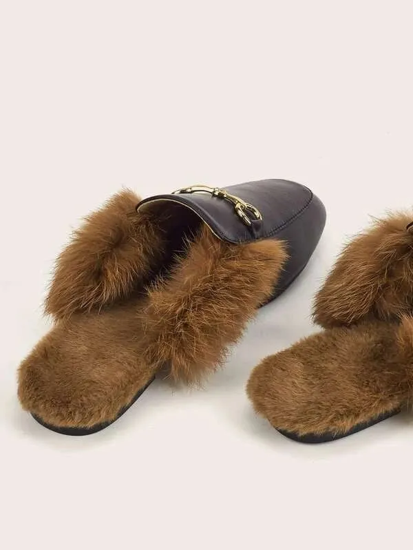 CM-SHS013708 Women Trendy Seoul Style Horsebit Decor Wide Fit Loafer Mules