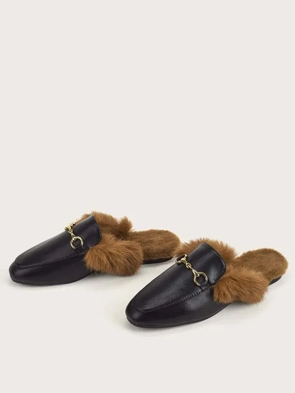 CM-SHS013708 Women Trendy Seoul Style Horsebit Decor Wide Fit Loafer Mules