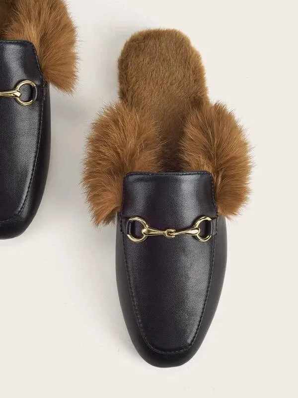 CM-SHS013708 Women Trendy Seoul Style Horsebit Decor Wide Fit Loafer Mules
