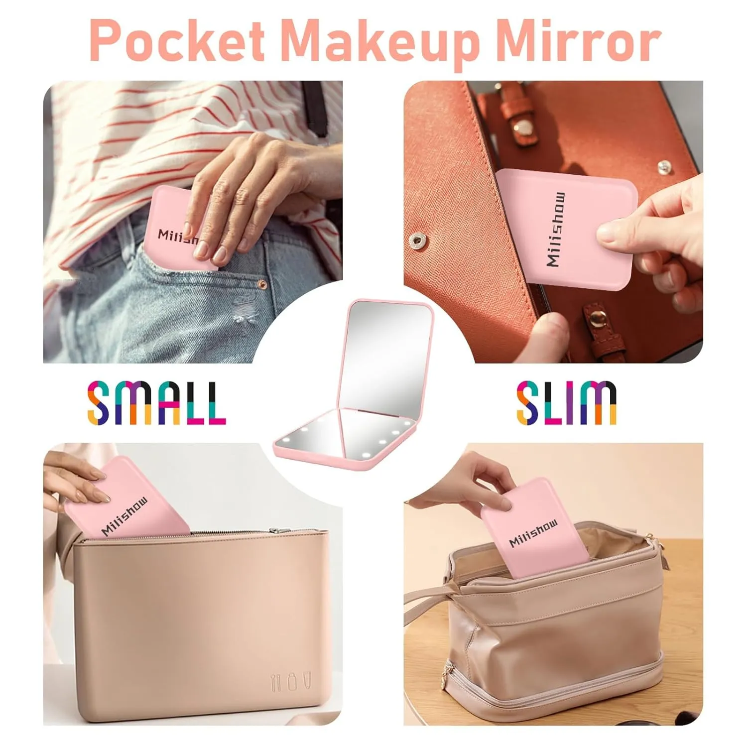 Compact Mirror, 1x/3x Magnifying LED Pocket Mirror, Small Lighted Travel Makeup Mirror for Purse, Handbag, Folding, Handheld, 2-Sided Mini Mirror with Lights for Women