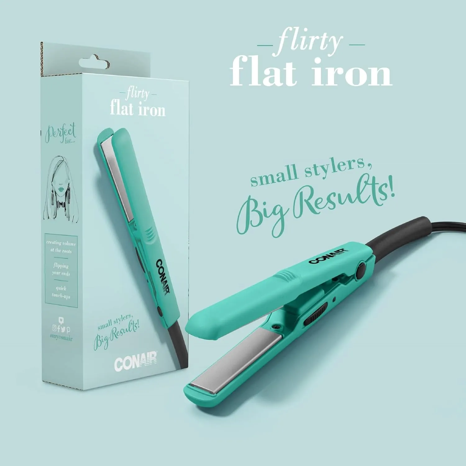 Conair Mini 1/2-inch Ceramic Flat Iron; Perfect for On-The-Go Styling, Turquoise