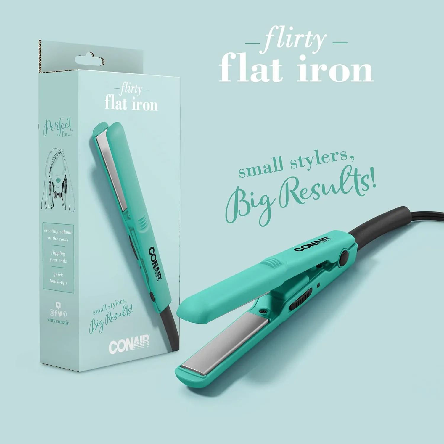 Conair Mini 1/2-inch Ceramic Flat Iron; Perfect for On-The-Go Styling, Turquoise