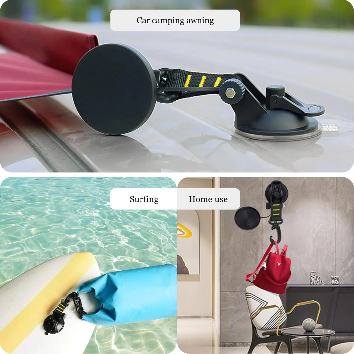 CONBOLA Suction Cups Hooks 4 Pieces Outdoor Car Camping Essentials Heavy Duty Upgraded Tie Down Suction Cup,Camper Accessories Strong Power for RV Boat Window Glass Camping Trap.(4 pcs,Yellow)