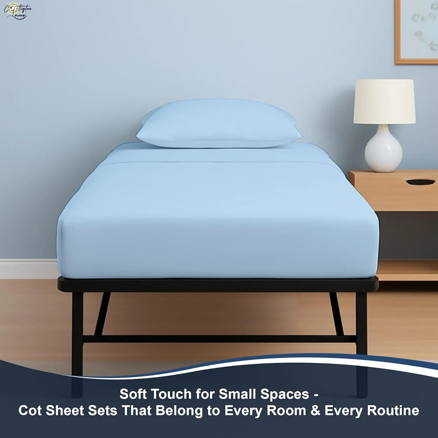 Cottington Lane 4 Piece Cot Sheets 25x75 Set, Premium Egyptian Cotton Sheets, Perfect for Narrow Twin, Camp Bunk, Army Cots, Trifold Mattress, Camping Cot, Guest Bed Replacement, Light Blue