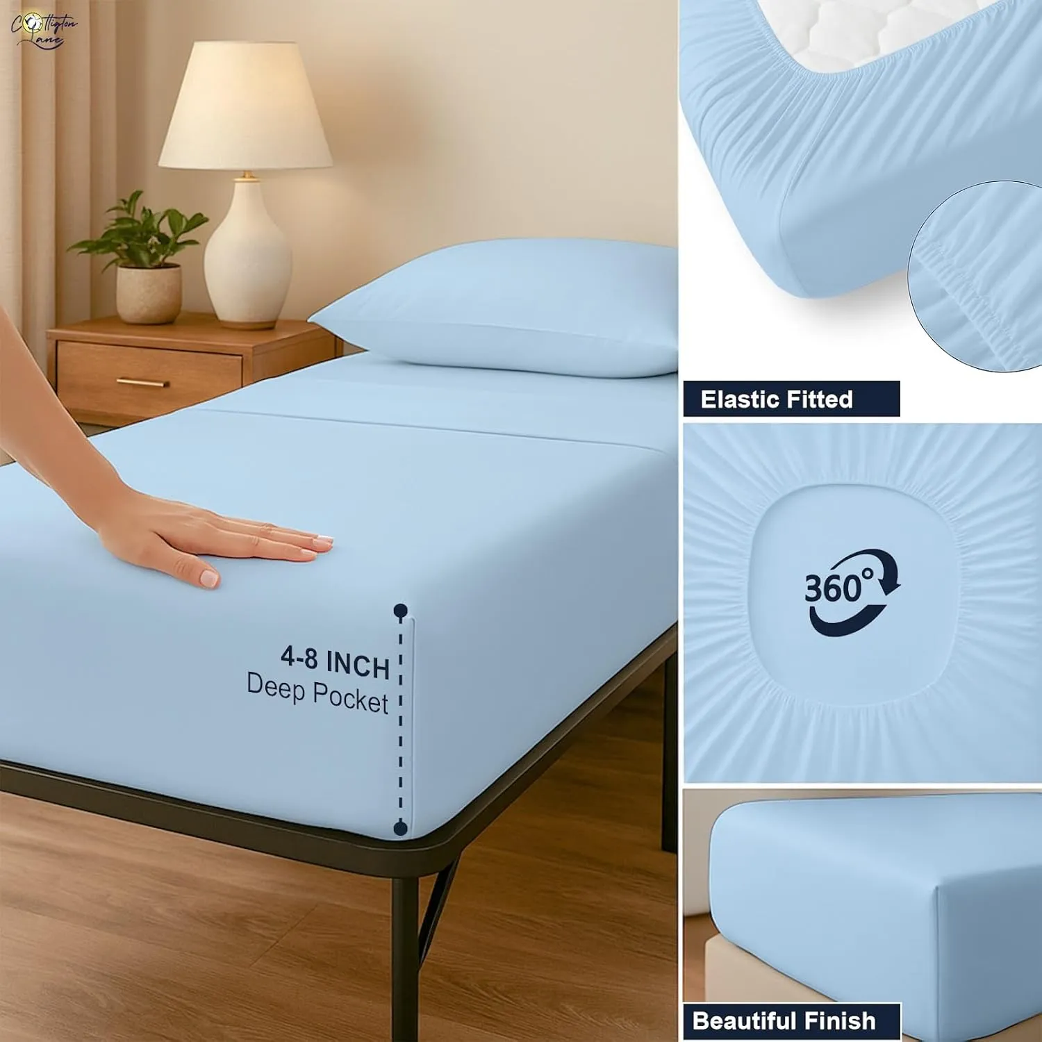 Cottington Lane 4 Piece Cot Sheets 25x75 Set, Premium Egyptian Cotton Sheets, Perfect for Narrow Twin, Camp Bunk, Army Cots, Trifold Mattress, Camping Cot, Guest Bed Replacement, Light Blue