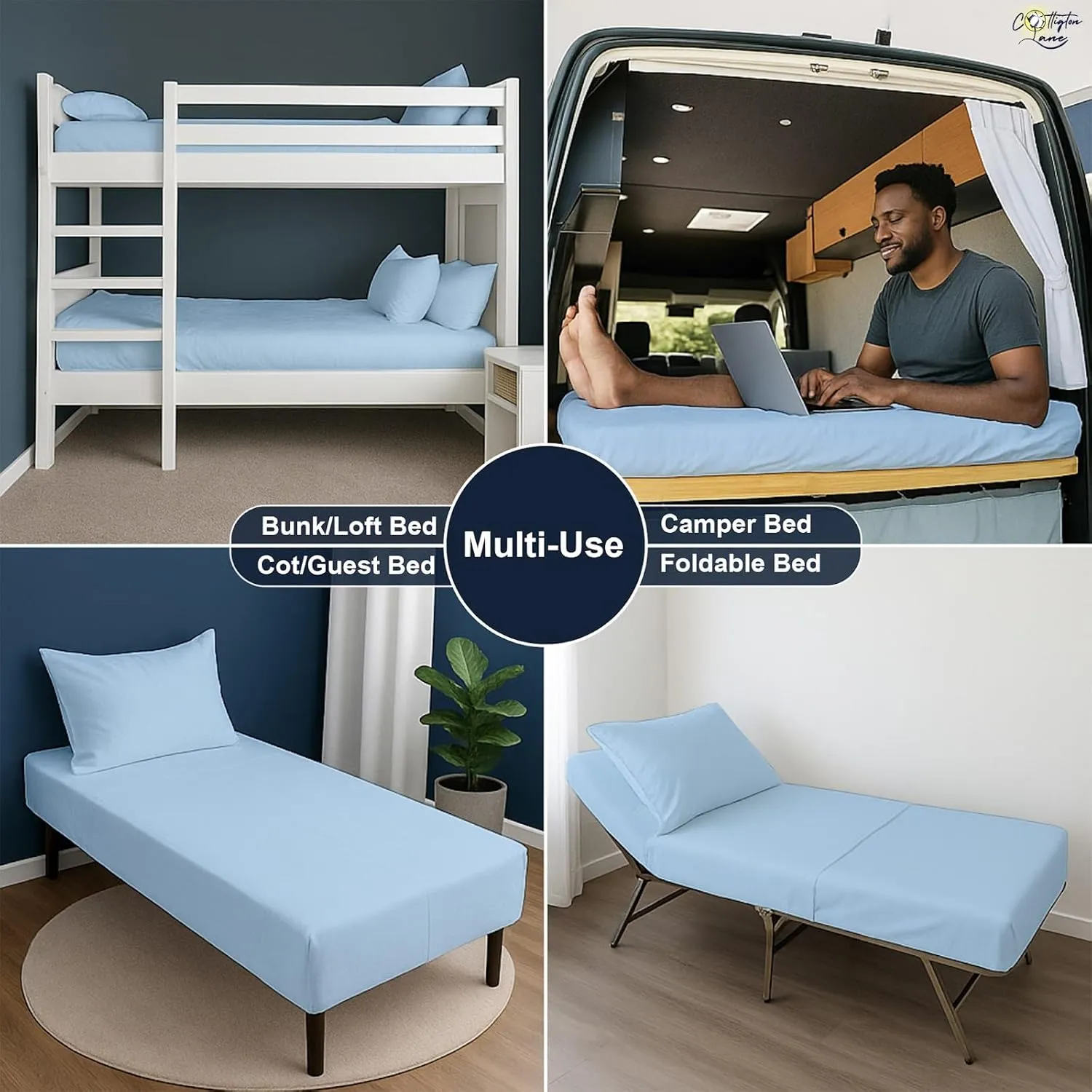 Cottington Lane 4 Piece Cot Sheets 25x75 Set, Premium Egyptian Cotton Sheets, Perfect for Narrow Twin, Camp Bunk, Army Cots, Trifold Mattress, Camping Cot, Guest Bed Replacement, Light Blue