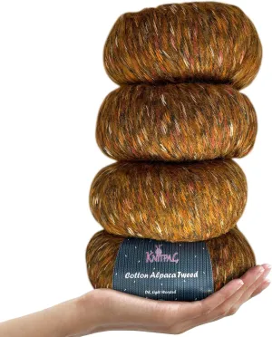 Cotton Alpaca Tweed Alpaca Yarn for Crocheting, 4 Skeins, 588Yds/200G, Free Patterns - Tweed Yarn for Knitting - 3 DK Light Worsted Weight - Caramel Brown