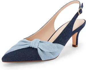 Coutgo Womens Bow Heels Slingback Pumps Low Kitten Heels Closed Pointed Toe Sandals Denim Dress Shoes