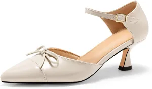 Coutgo Womens Bow Kitten Heels Low Heel Dress Shoes Closed Pointed Toe Ankle Strap D'Orsay Pumps