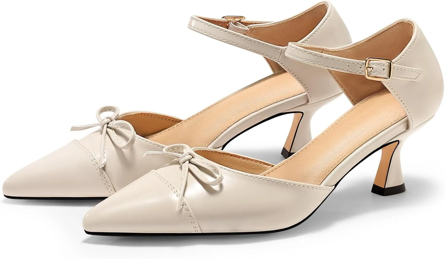 Coutgo Womens Bow Kitten Heels Low Heel Dress Shoes Closed Pointed Toe Ankle Strap D'Orsay Pumps