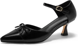 Coutgo Womens Bow Kitten Heels Low Heel Dress Shoes Closed Pointed Toe Ankle Strap D'Orsay Pumps