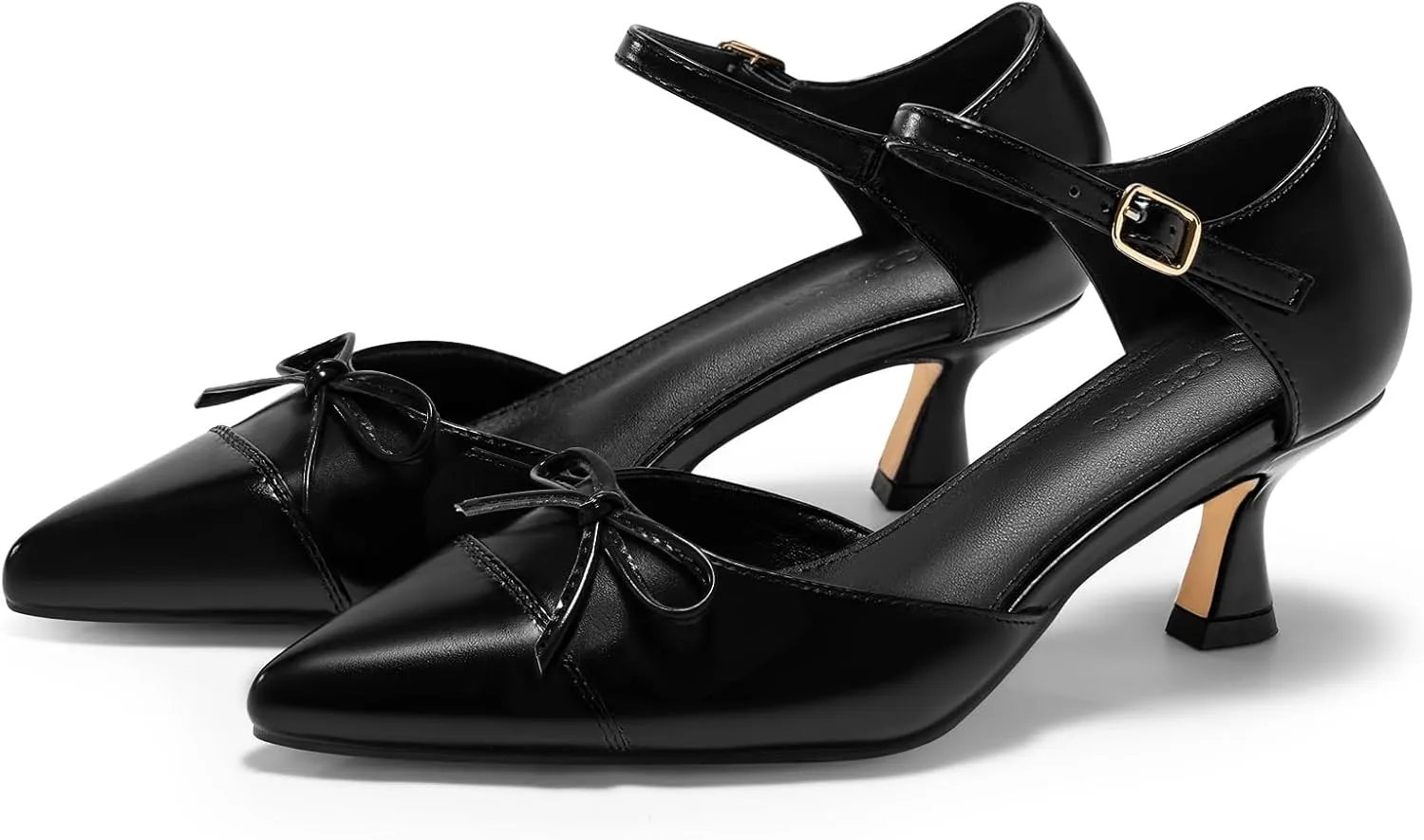 Coutgo Womens Bow Kitten Heels Low Heel Dress Shoes Closed Pointed Toe Ankle Strap D'Orsay Pumps