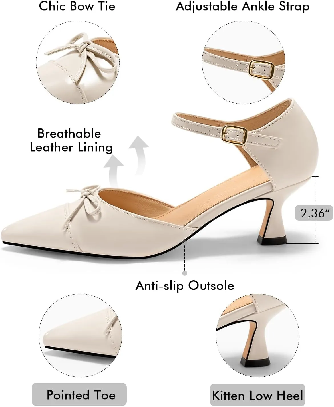 Coutgo Womens Bow Kitten Heels Low Heel Dress Shoes Closed Pointed Toe Ankle Strap D'Orsay Pumps