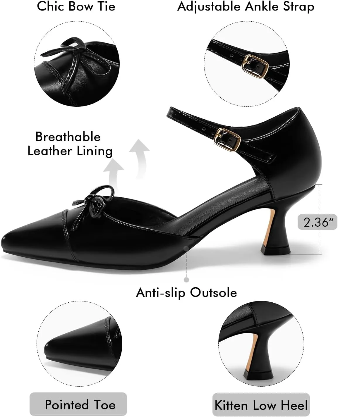 Coutgo Womens Bow Kitten Heels Low Heel Dress Shoes Closed Pointed Toe Ankle Strap D'Orsay Pumps