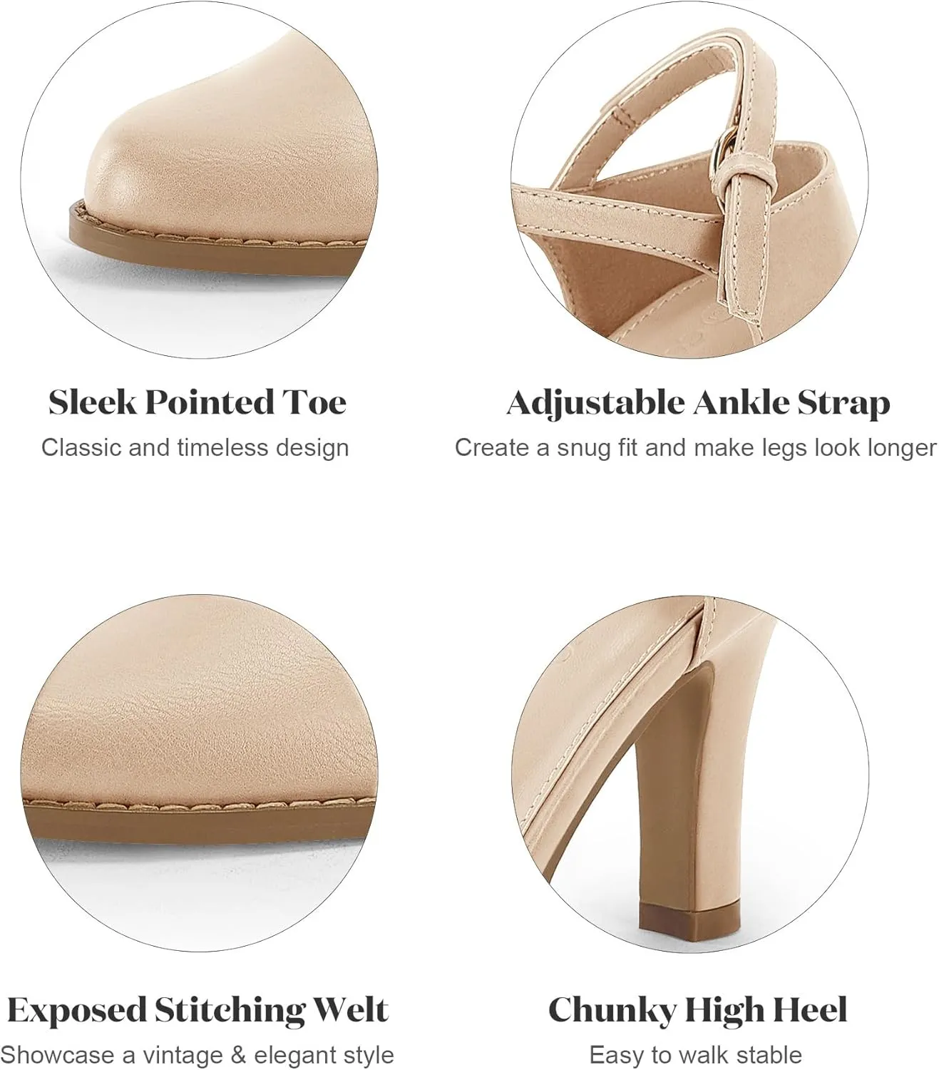 Coutgo Womens Chunky High Heels Closed Pointed Toe Ankle Strap Pumps Vintage D'Orsay Dress Party Shoes
