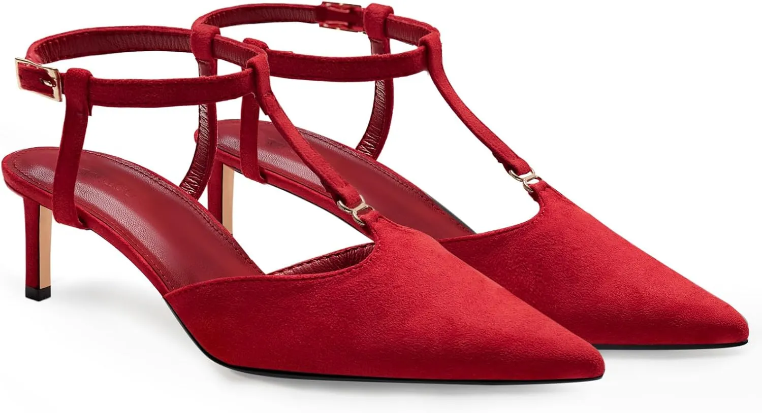 Coutgo Womens Kitten Heels T Strap Closed Pointed Toe Pumps Low Heel Ankle Strap Comfortable Dress Shoes
