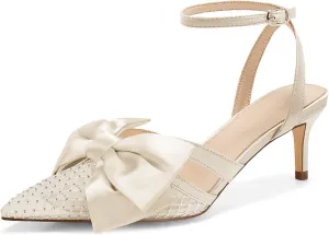 Coutgo Womens Kitten Low Heels Rhinestone Mesh Bow Heels Closed Pointed Toe Ankle Strap Pumps Dress Wedding Shoes
