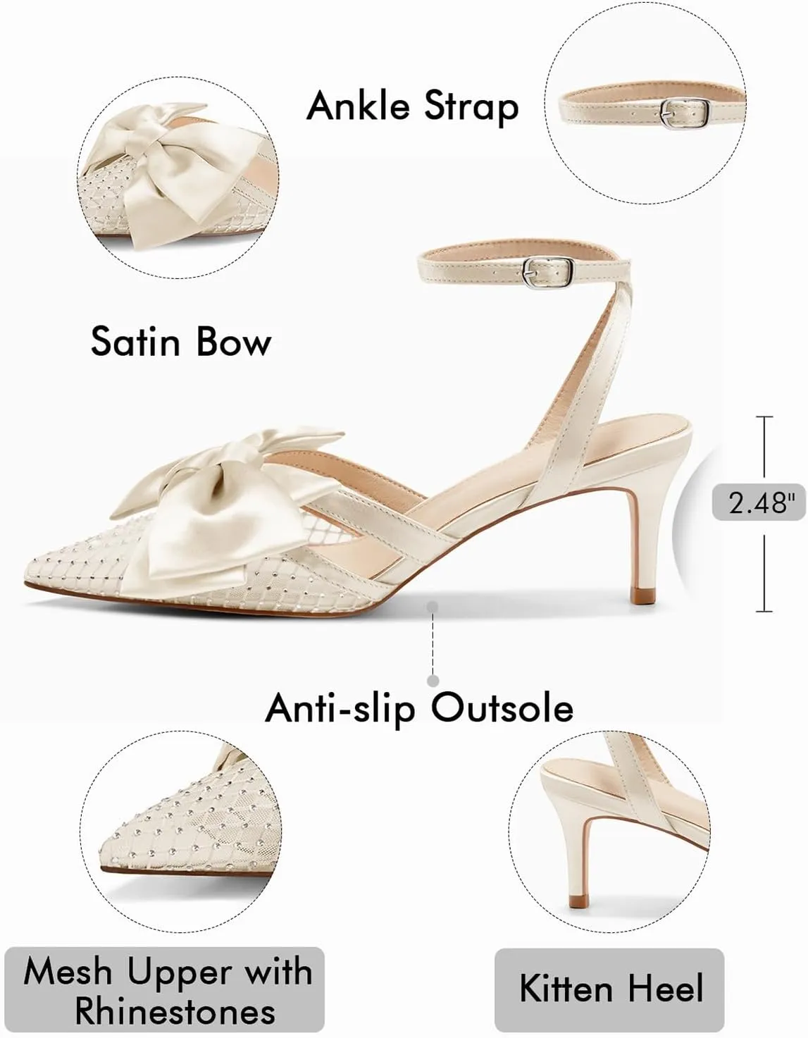 Coutgo Womens Kitten Low Heels Rhinestone Mesh Bow Heels Closed Pointed Toe Ankle Strap Pumps Dress Wedding Shoes