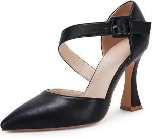 Coutgo Women's One Cross Strap Pumps Pointed Toe Stiletto High Heels Buckle Strap Dress Party Wedding Shoes