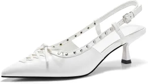 Coutgo Womens Slingback Kitten Heels Closed Pointed Toe Low Heel Dress Shoes Studded Bow Pumps