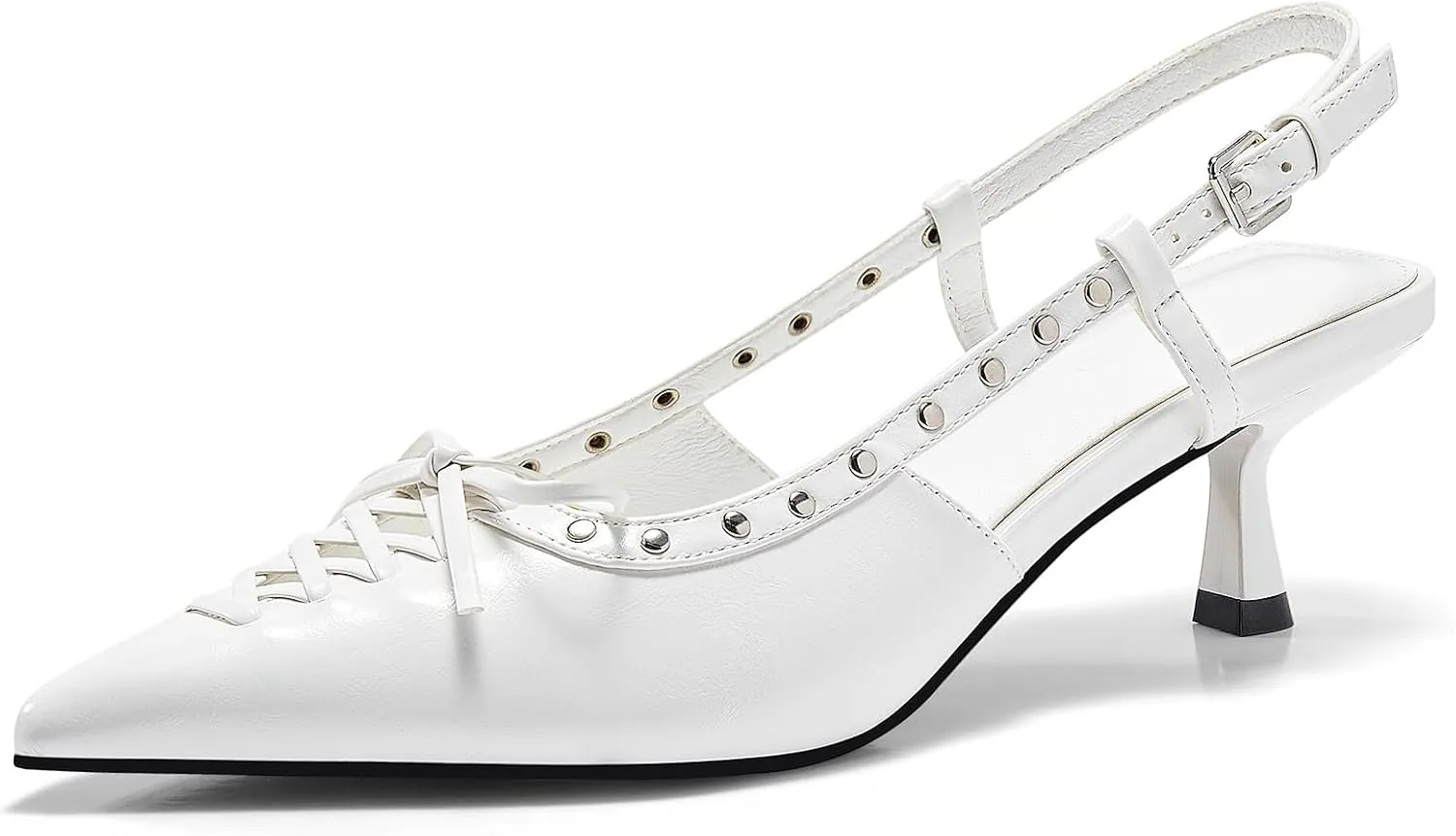 Coutgo Womens Slingback Kitten Heels Closed Pointed Toe Low Heel Dress Shoes Studded Bow Pumps