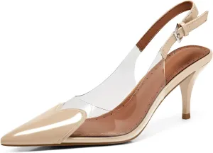 Coutgo Womens Slingback Kitten Heels Heart Clear Pumps Low Heel Pointed Closed Toe Party Wedding Dress Shoes