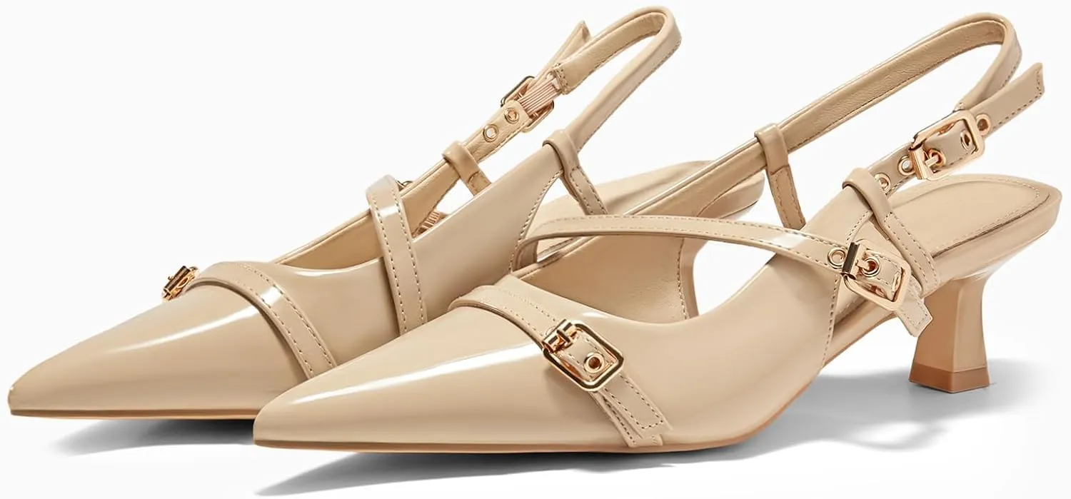 Coutgo Womens Slingback Kitten Heels Low Heel Closed Pointed Toe Pumps Buckle Strap Heeled Sandals Shoes