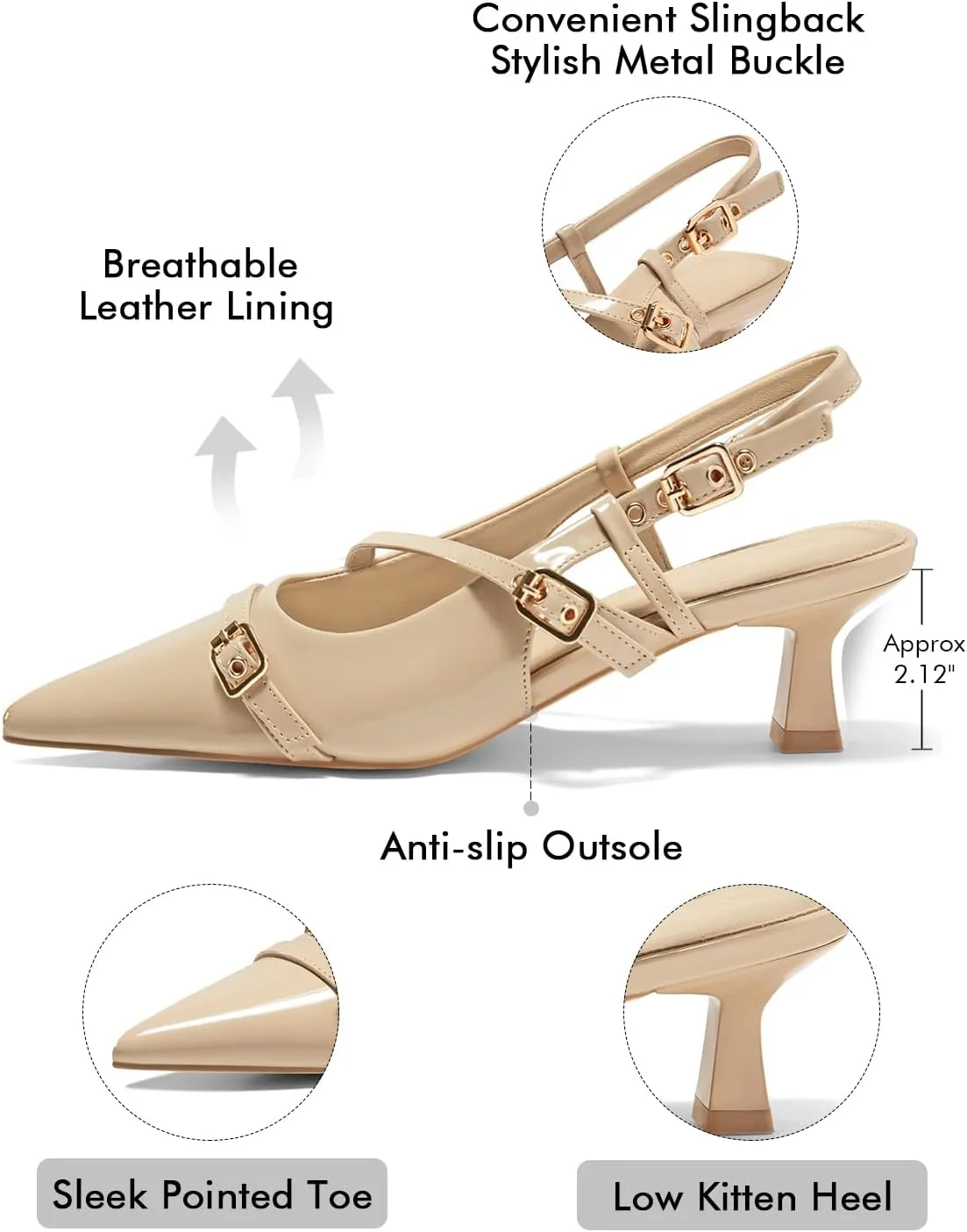 Coutgo Womens Slingback Kitten Heels Low Heel Closed Pointed Toe Pumps Buckle Strap Heeled Sandals Shoes