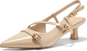 Coutgo Womens Slingback Kitten Heels Low Heel Closed Pointed Toe Pumps Buckle Strap Heeled Sandals Shoes