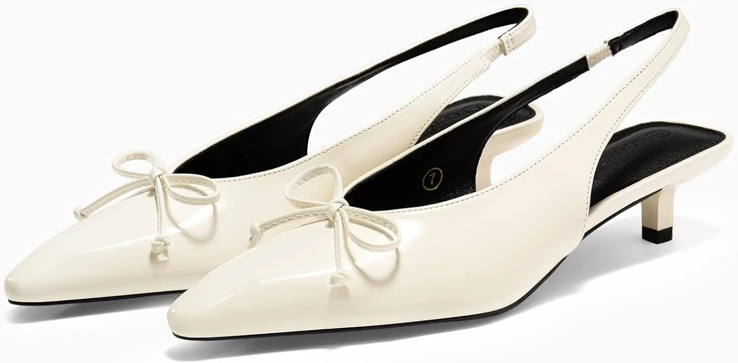 Coutgo Womens Slingback Kitten Low Heels Dress Shoes Closed Pointed Toe Bow Tie Slip on Office Work Pumps