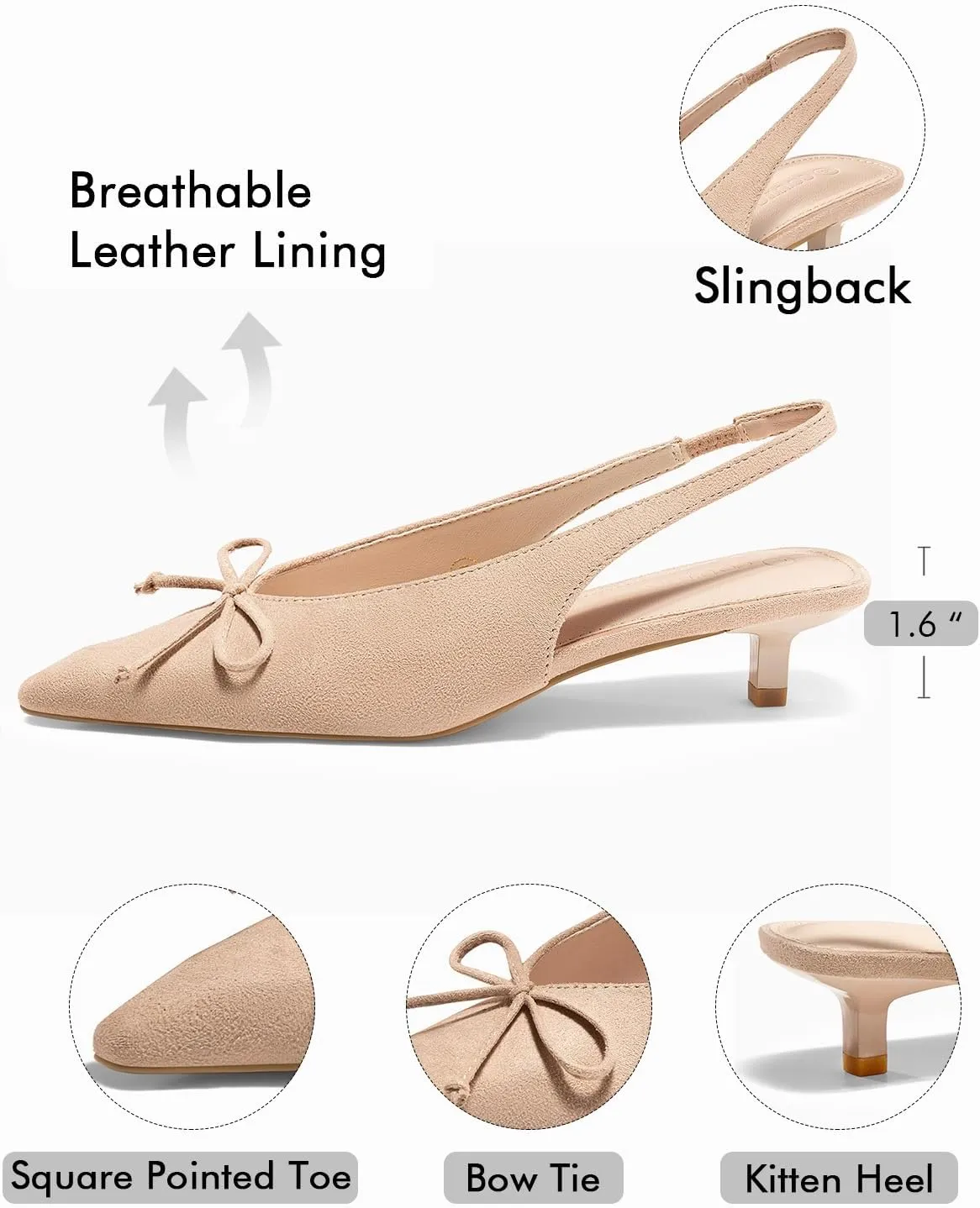 Coutgo Womens Slingback Kitten Low Heels Dress Shoes Closed Pointed Toe Bow Tie Slip on Office Work Pumps
