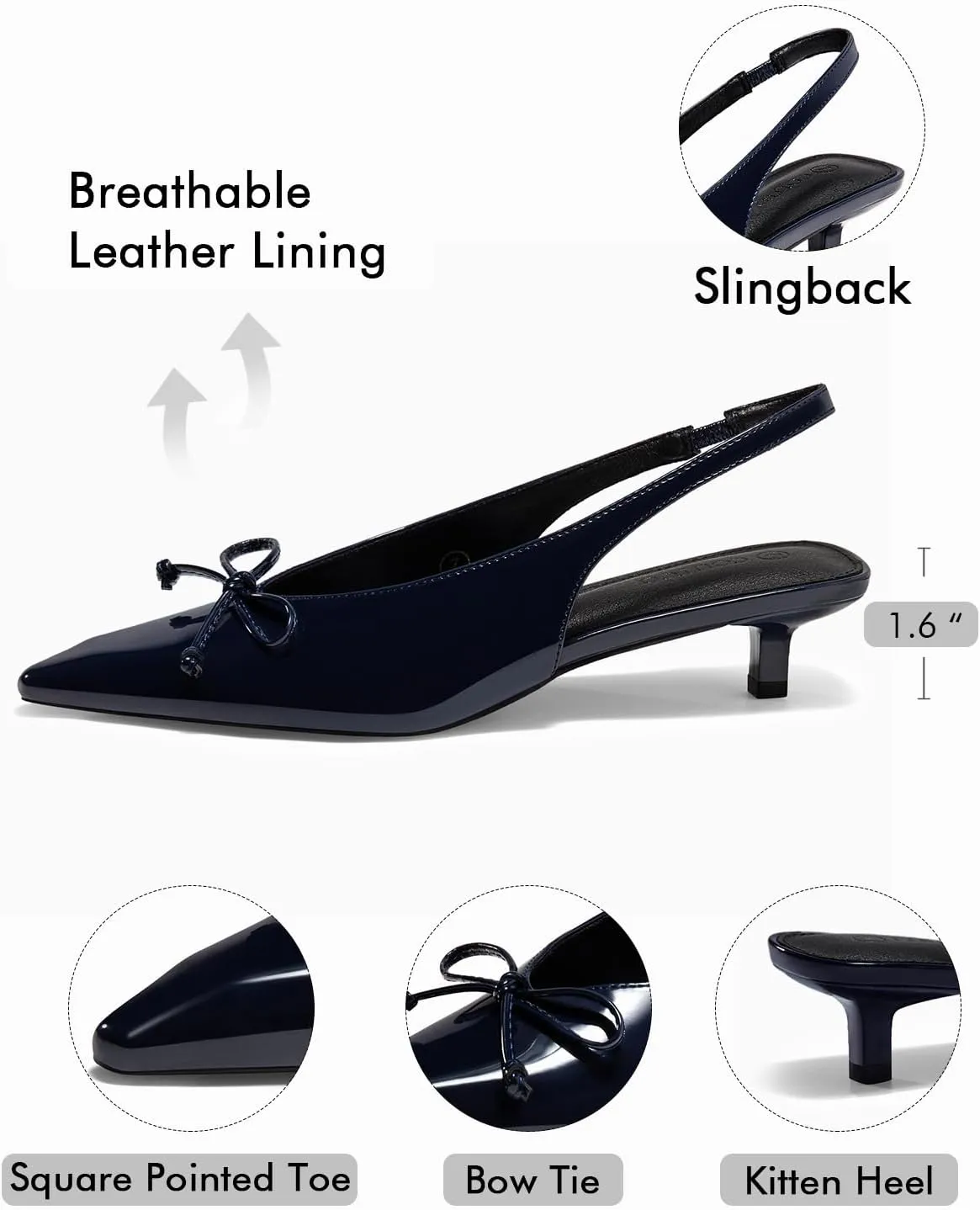 Coutgo Womens Slingback Kitten Low Heels Dress Shoes Closed Pointed Toe Bow Tie Slip on Office Work Pumps