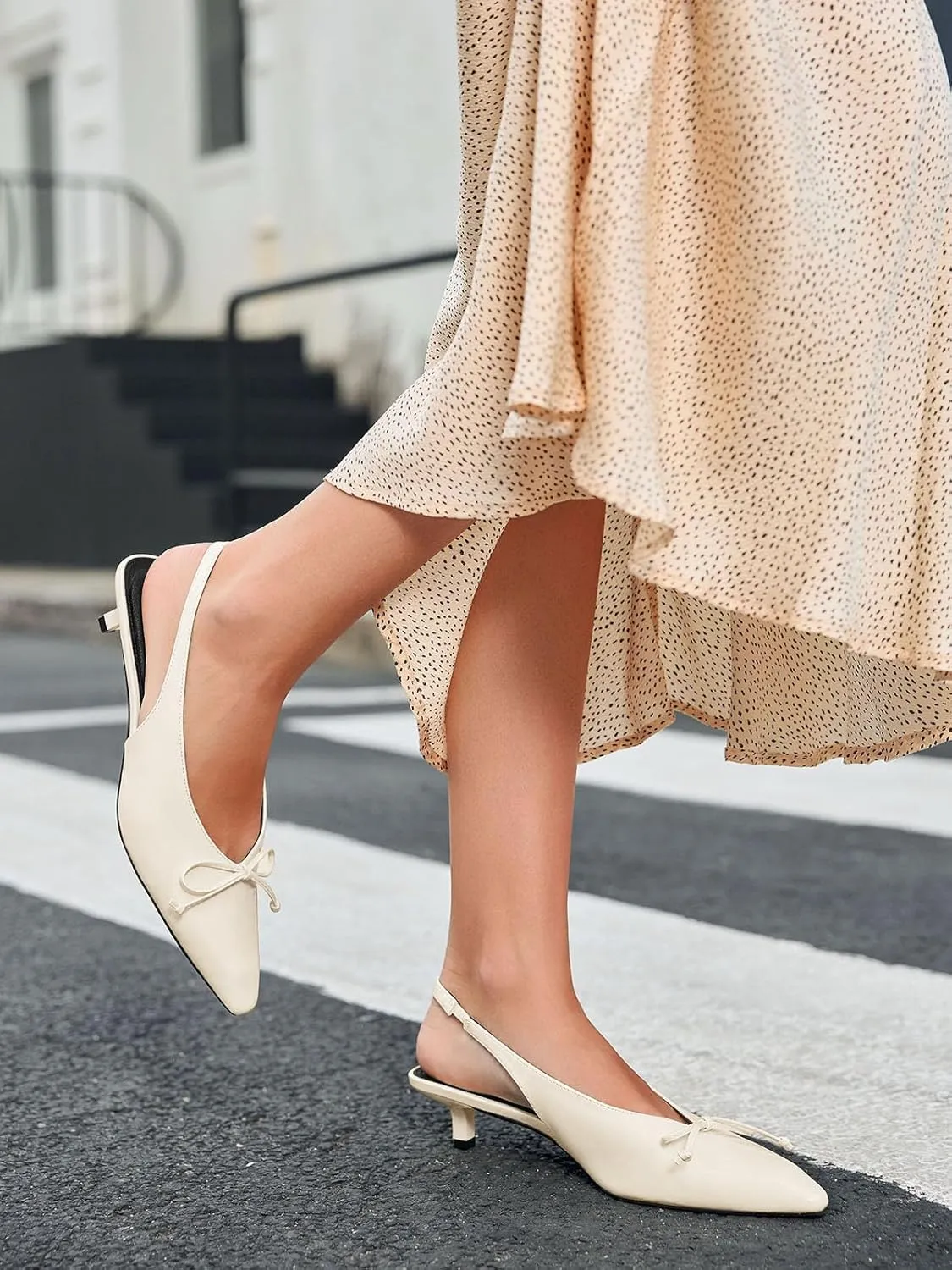 Coutgo Womens Slingback Kitten Low Heels Dress Shoes Closed Pointed Toe Bow Tie Slip on Office Work Pumps